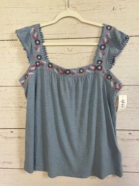 Style & Co. Blue Embroidered Tank Top With Ruffled Flutter Sleeves, size L, NWT